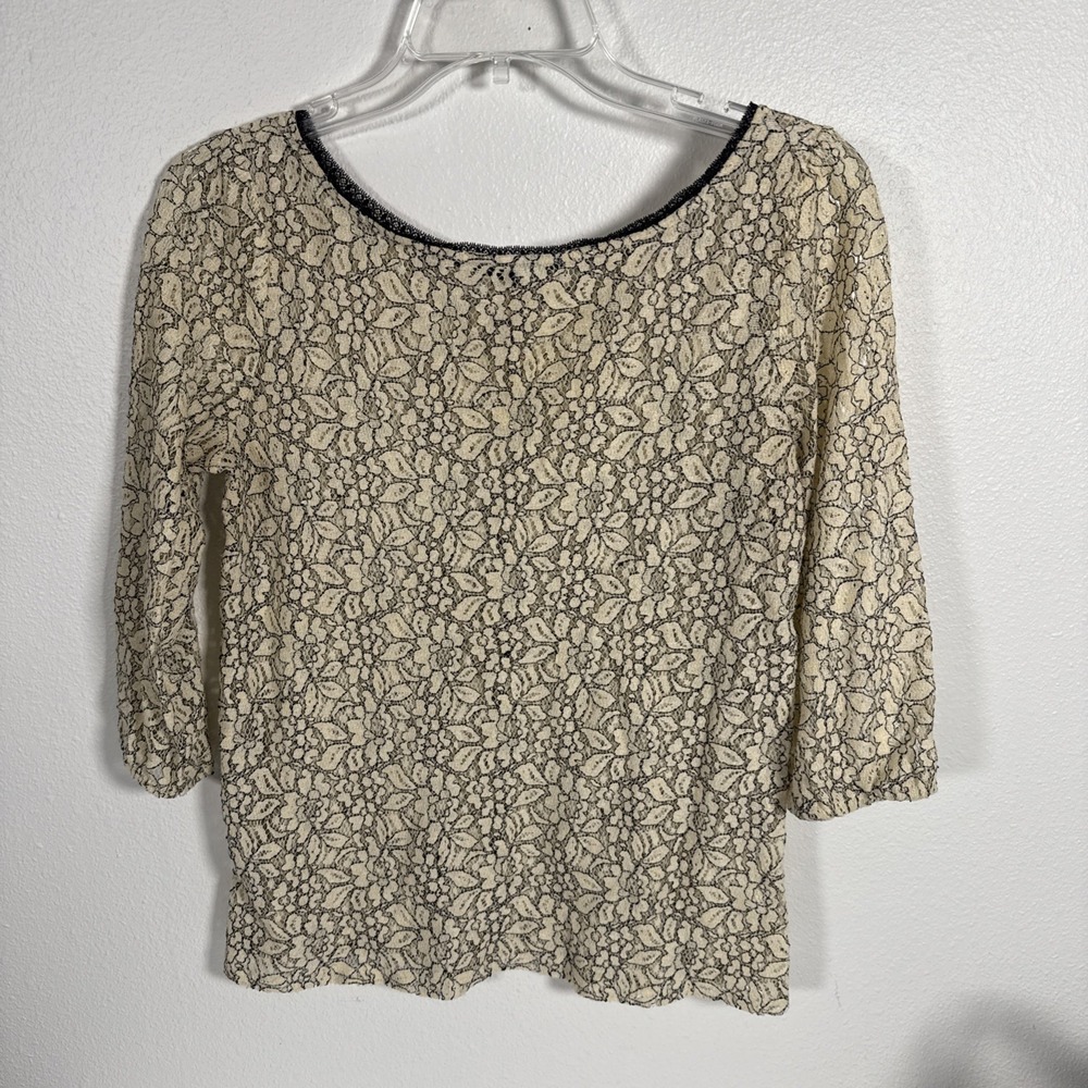 LOFT Cream Black Floral Lace Blouse‎ - Size S 3/4 Sleeves button Down Back D2